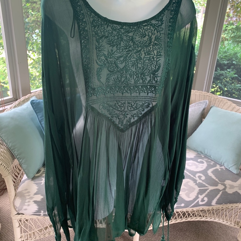 World Market forest green flowy embroidered top